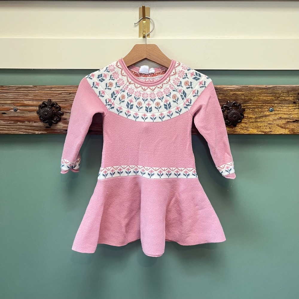 Deux par Deux Girls Pink Floral Fair Isle Knit Sweater Dress Size 3